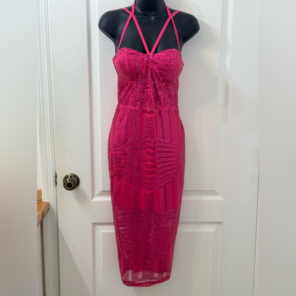 NWOT Bebe Pink Sequin MIDI Dress Size Small